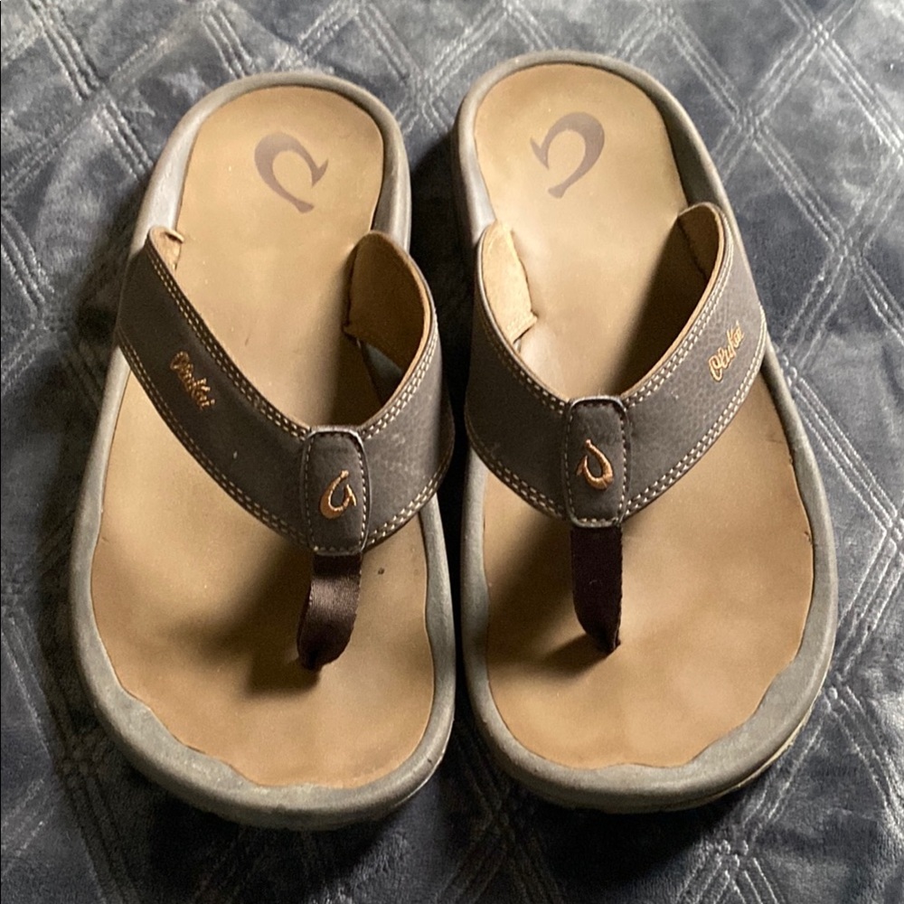 Brown and Tan Flip Flops